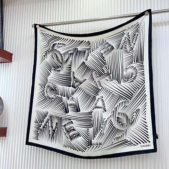 Chanel CC Women Square Scarf Silk Twill White Black