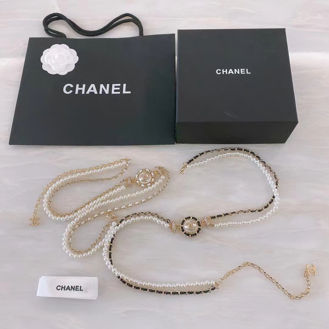 Chanel Women CC Chain Belt Calfskin Glass Pearls Black Pearly White Crystal Gold-Tone Metal Strass