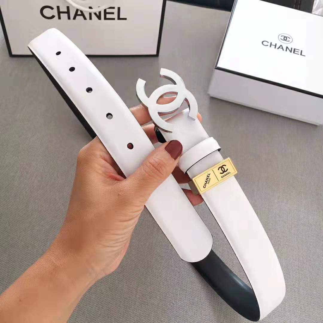 Chanel Women Lambskin & White-Tone Metal Belt-White