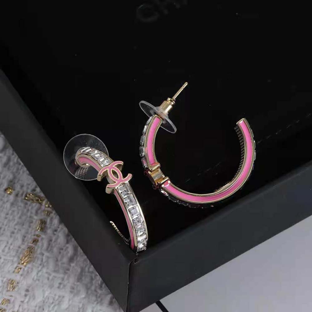 Chanel Women Hoop Earrings in Metal and Diamantés-Pink