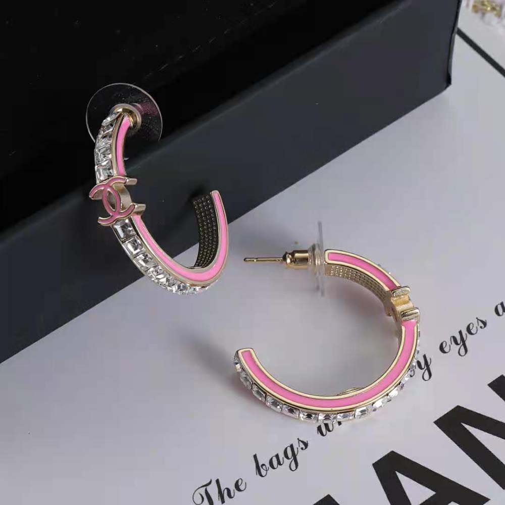 Chanel Women Hoop Earrings in Metal and Diamantés-Pink