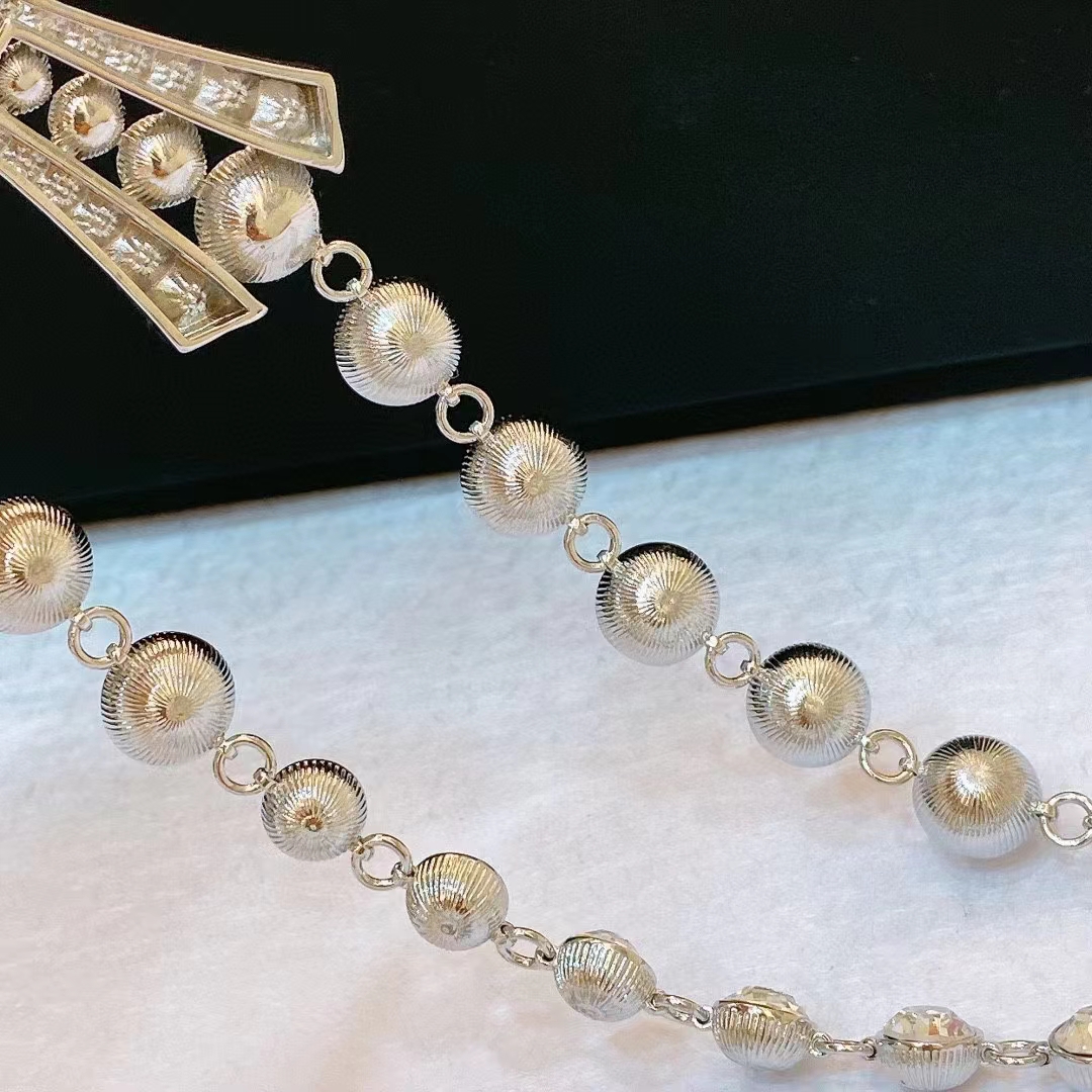 Chanel Women CC Belt Metal Strass Imitation Pearls Silver Crystal Pearly White