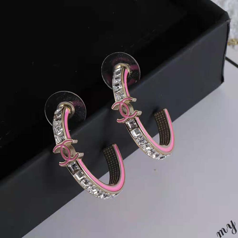 Chanel Women Hoop Earrings in Metal and Diamantés-Pink