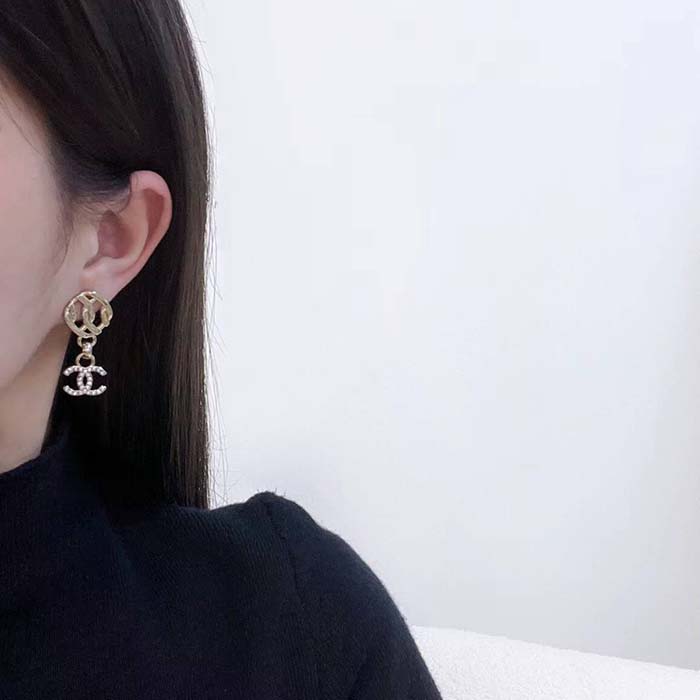Chanel Women CC Pendant Earrings Metal Resin Strass Gold White Crystal