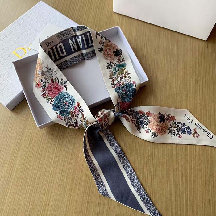 Dior Women CD Jardin D’Hiver Mitzah Scarf White Multicolor Silk Twill
