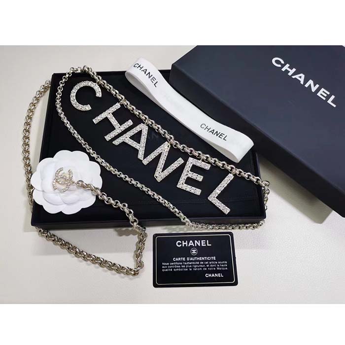 Chanel Women CC Belt Gold Tone Metal White Crystal Glass Diamond Chanel Logo
