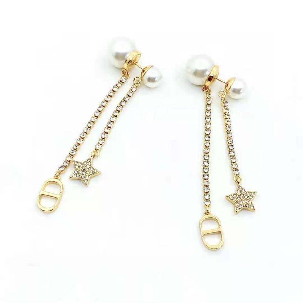 Dior Women Tribales Earrings Gold-Finish Metal White Resin Pearls and White Crystals