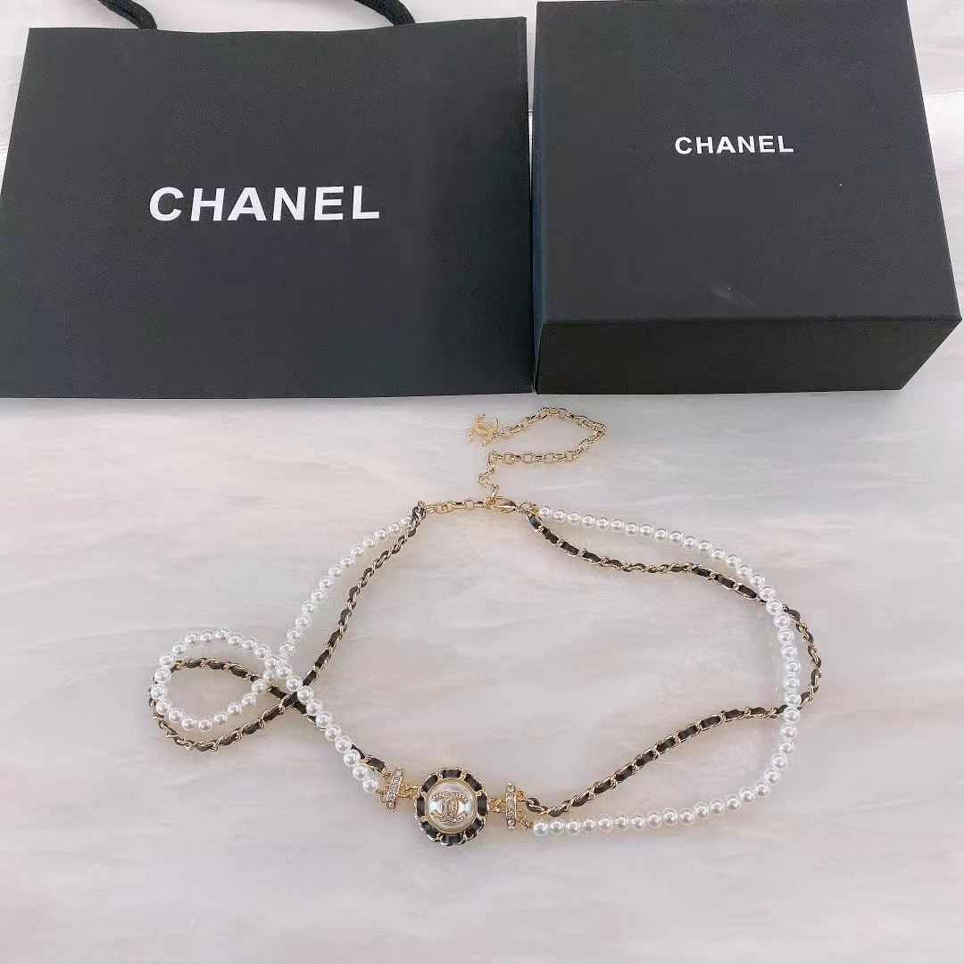 Chanel Women CC Chain Belt Calfskin Glass Pearls Black Pearly White Crystal Gold-Tone Metal Strass