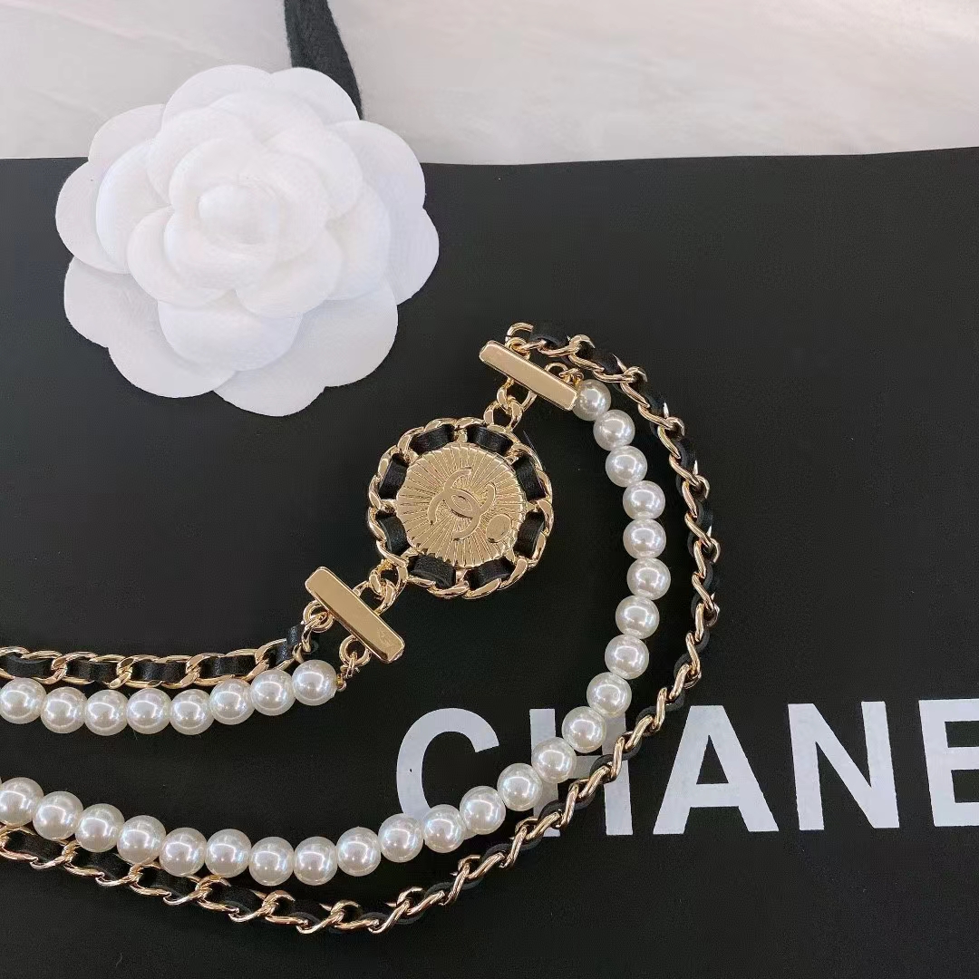 Chanel Women CC Chain Belt Calfskin Glass Pearls Black Pearly White Crystal Gold-Tone Metal Strass