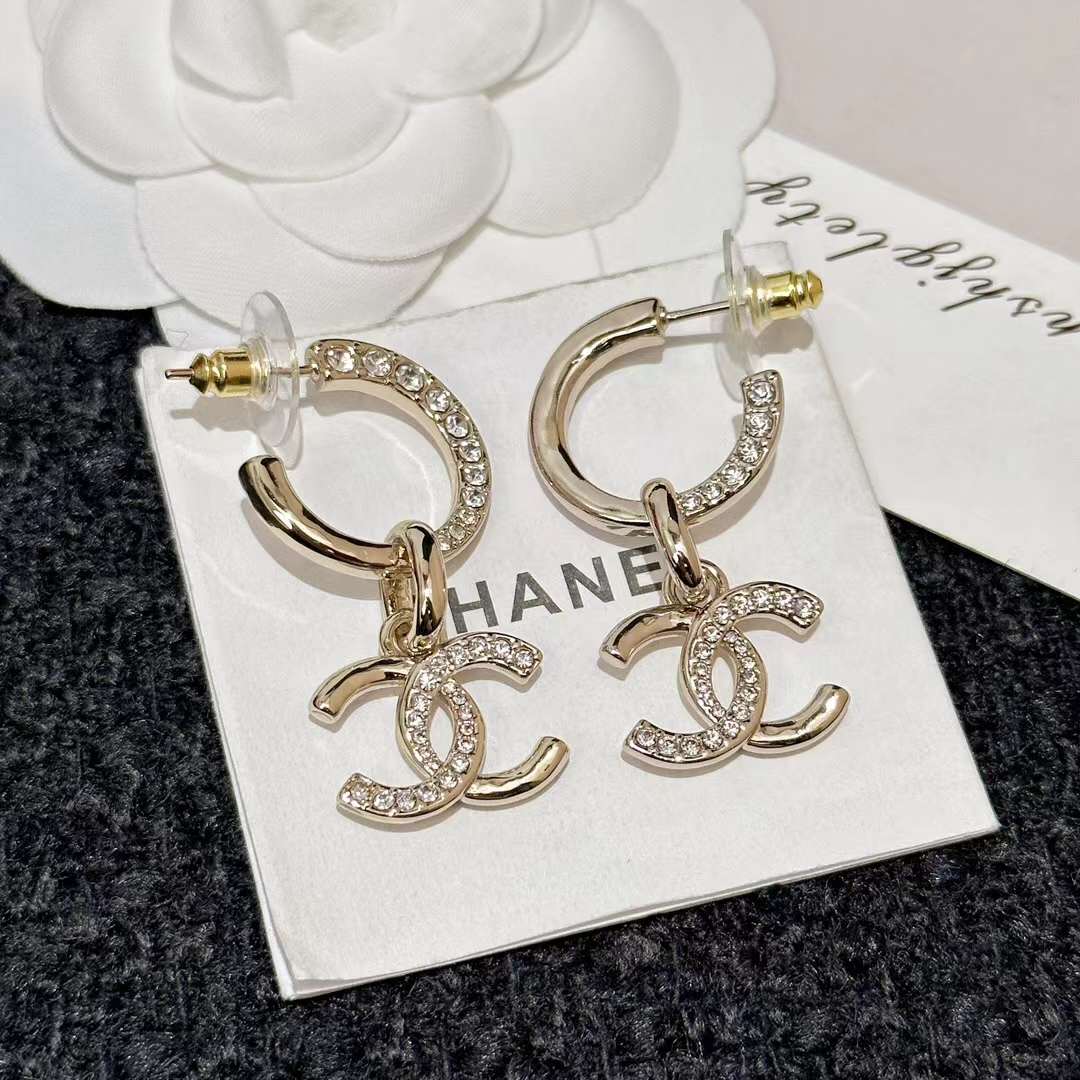 Chanel Women CC Pendant Earrings Metal Strass Gold Crystal