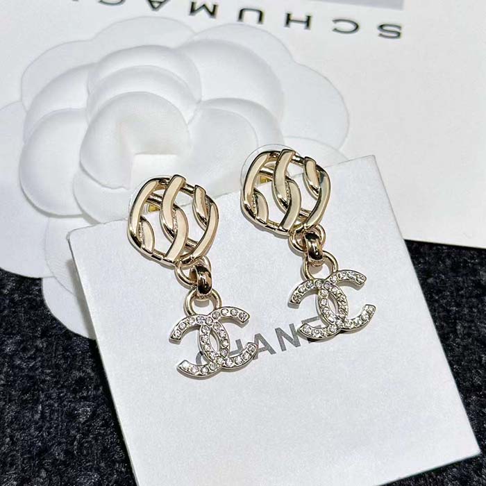 Chanel Women CC Pendant Earrings Metal Resin Strass Gold White Crystal