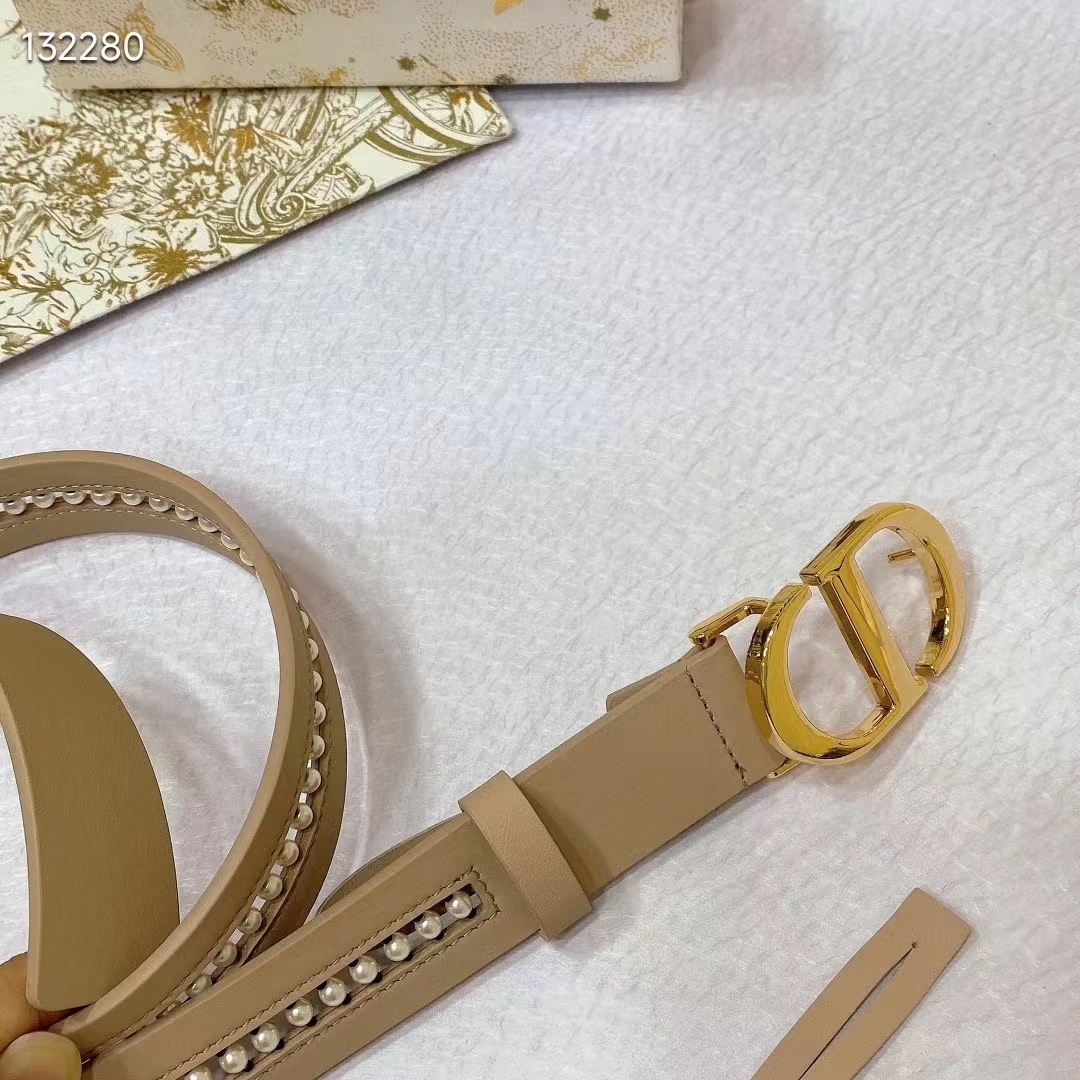 Dior CD Women 30 Montaigne Belt Aesthetic Beige Smooth Calfskin White Glass Pearls 25 MM Width