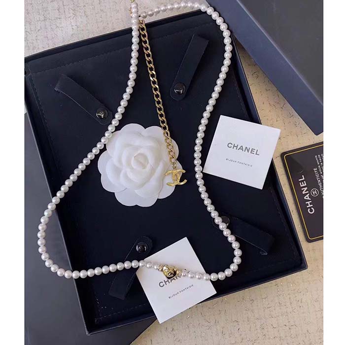 Chanel Women CC Chain Belt Metal Glass Pearls Strass Gold Pearly White Crystal