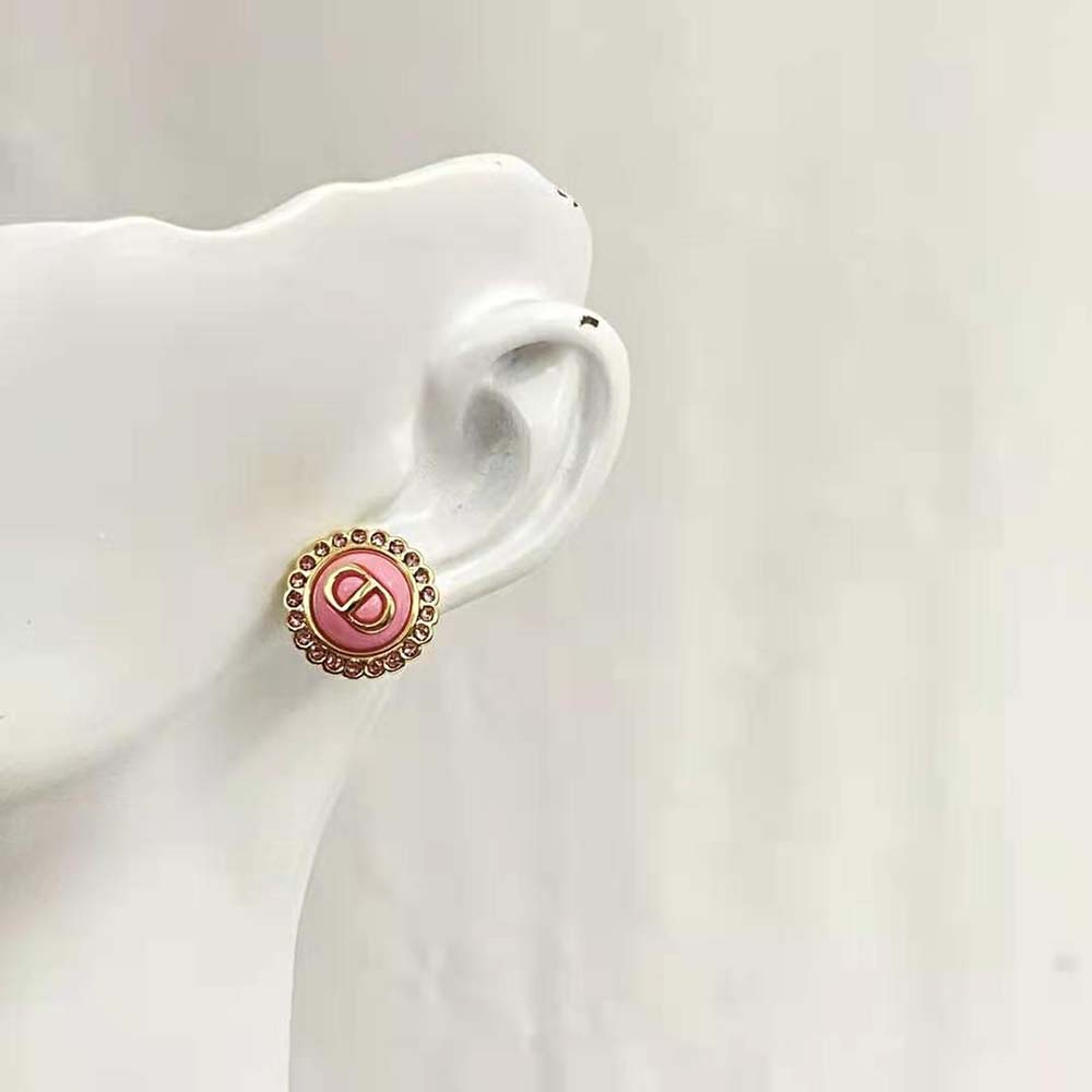 Dior Women Petit CD Stud Earrings Gold-Finish Metal Pink Crystals and Light Pink Glass
