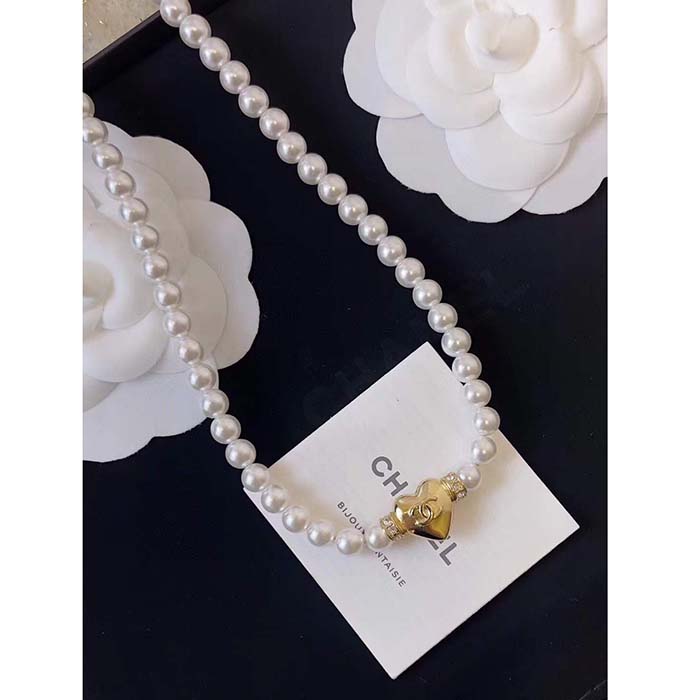 Chanel Women CC Chain Belt Metal Glass Pearls Strass Gold Pearly White Crystal