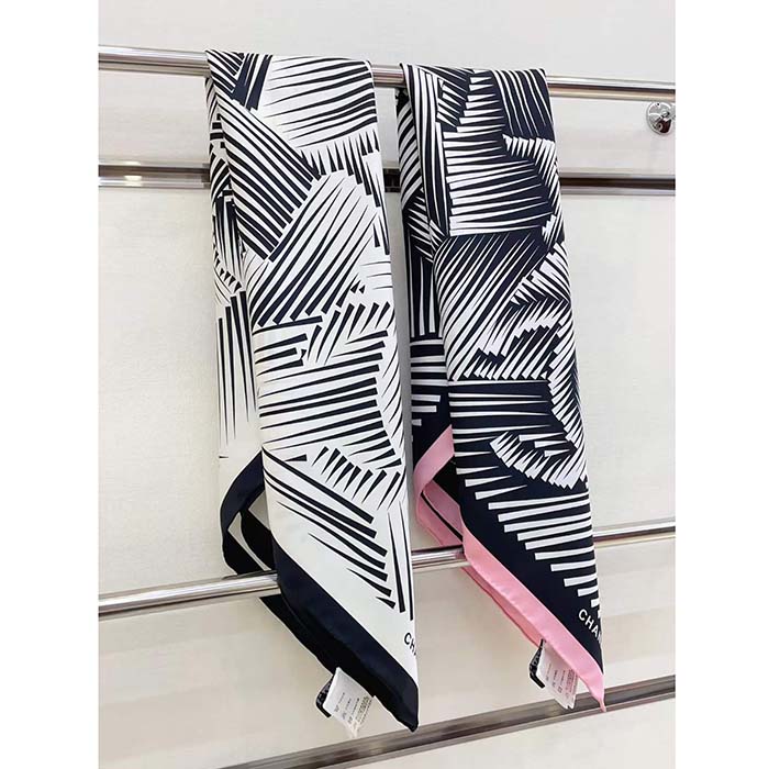 Chanel CC Women Square Scarf Silk Twill Black Light Pink