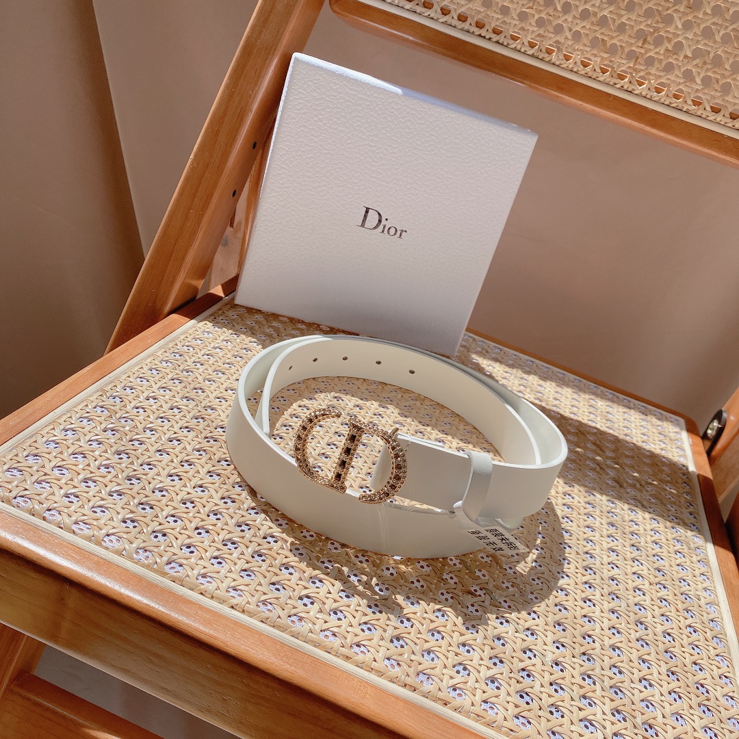 Dior Unisex CD Saddle Belt Latte Ultrasmooth Calfskin White Crystals 20 MM Width