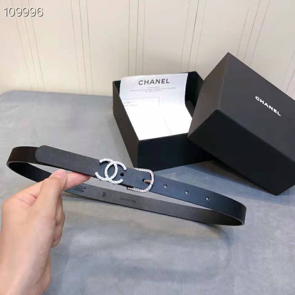 Chanel Women Calfskin & Silver-Tone Metal & Strass Black Belt