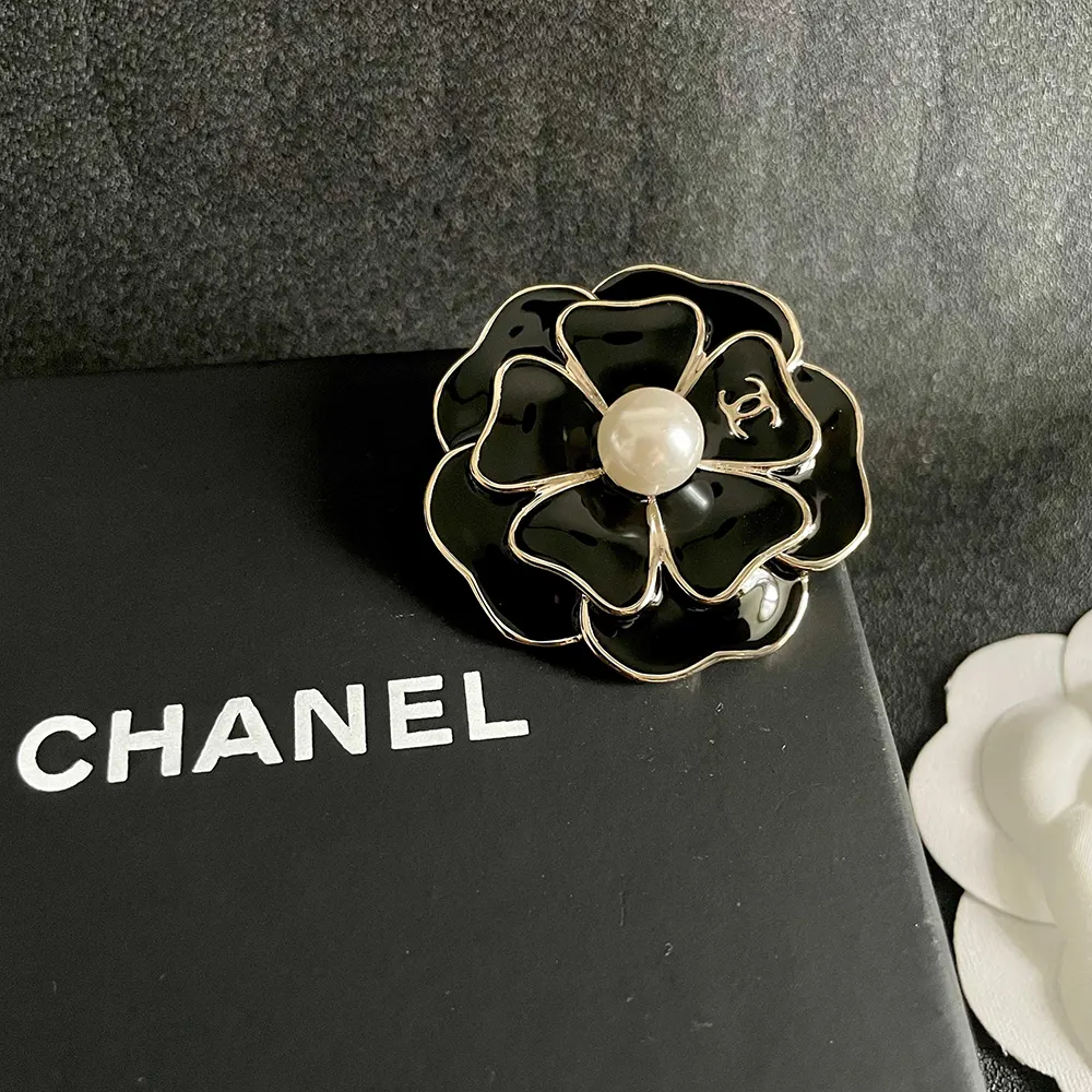Chanel Women Brooch Metal & Resin Gold Black & Pearly White ABG238