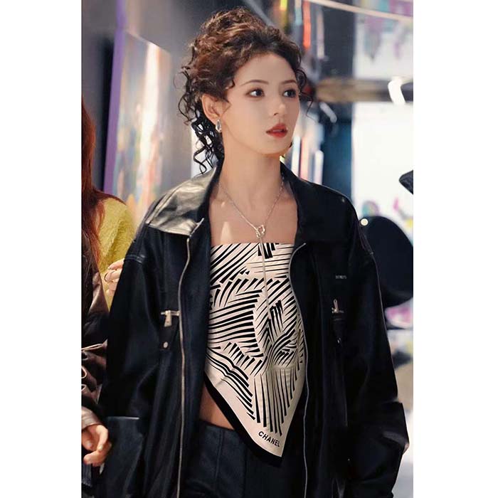 Chanel CC Women Square Scarf Silk Twill White Black