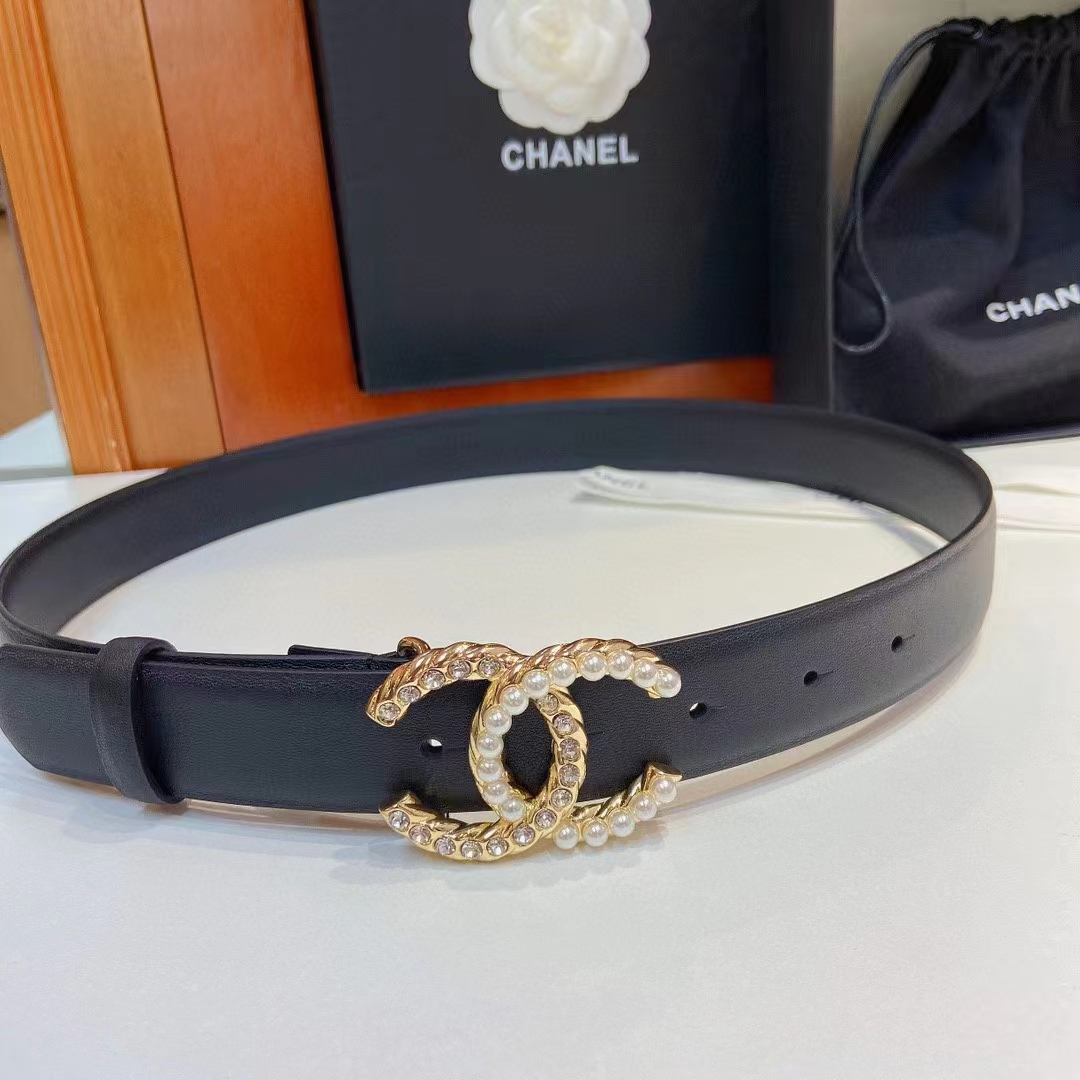Chanel Women CC Belt Calfskin Gold-Tone Metal Resin Strass Black