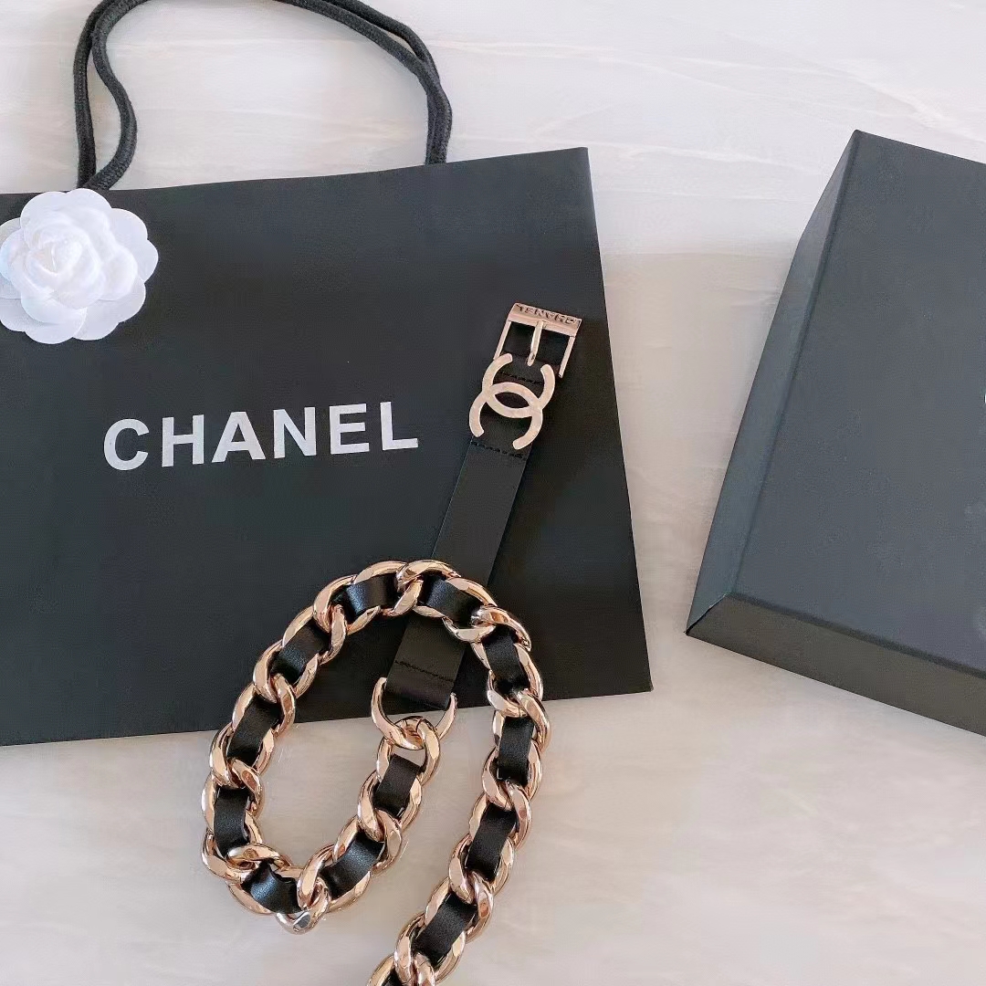 Chanel Women CC Chain Belt Calfskin Leather Gold-Tone Metal Strass Black