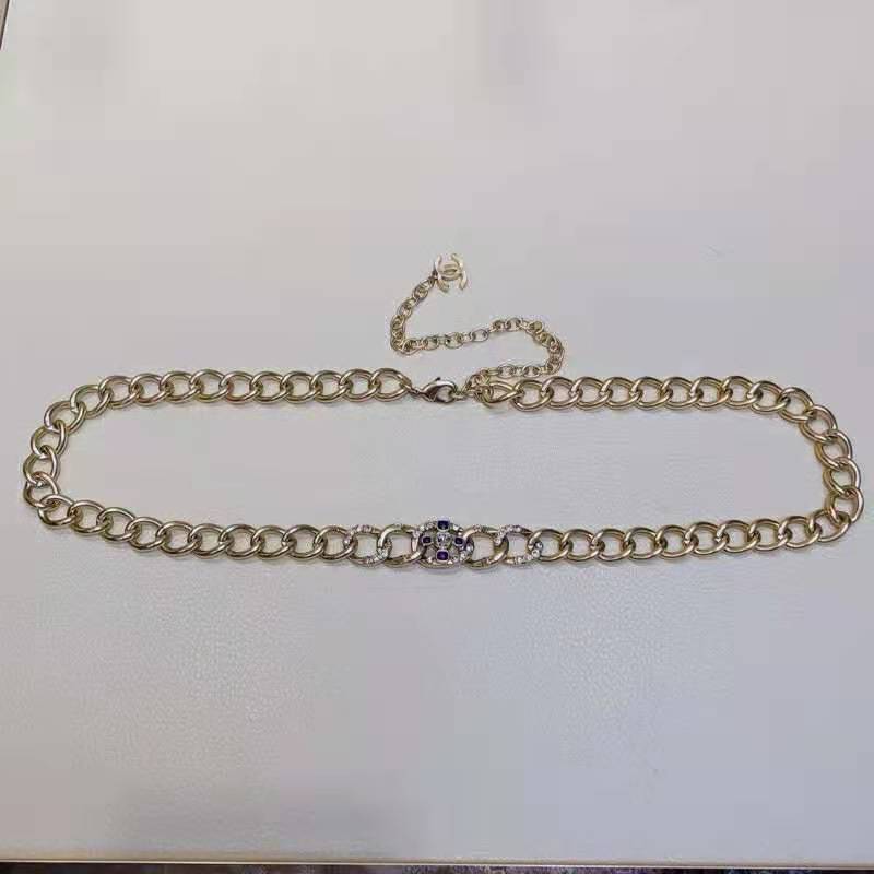 Chanel Women Metal & Glass Strass Gold Blue & Crystal Belt