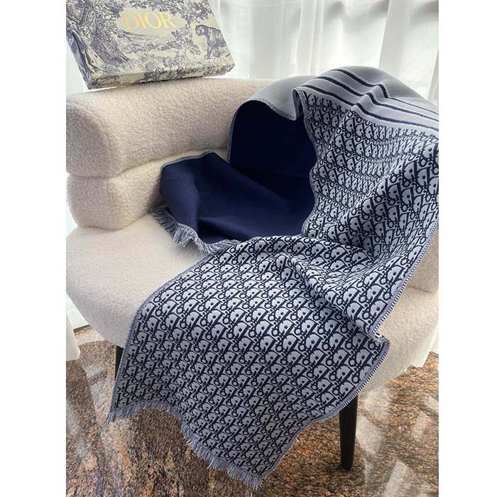 Dior Unisex CD Oblique Scarf Black Gray Wool Fringed Edging Wool