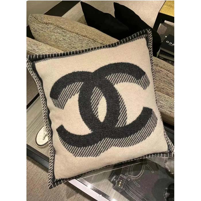 Chanel Unisex CC Cushion Cotton Wool Tweed Beige Black Multifunction