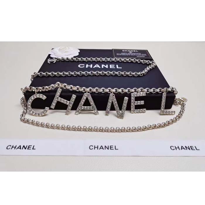 Chanel Women CC Belt Gold Tone Metal White Crystal Glass Diamond Chanel Logo