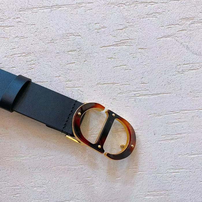 Dior Unisex CD 30 Montaigne Belt Black Smooth Calfskin Leather Brown Tortoiseshell-Effect Resin