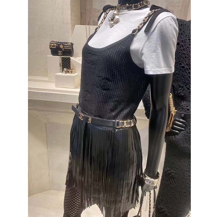 Chanel Women CC Chain Belt Calfskin Leather Gold-Tone Metal Strass Black