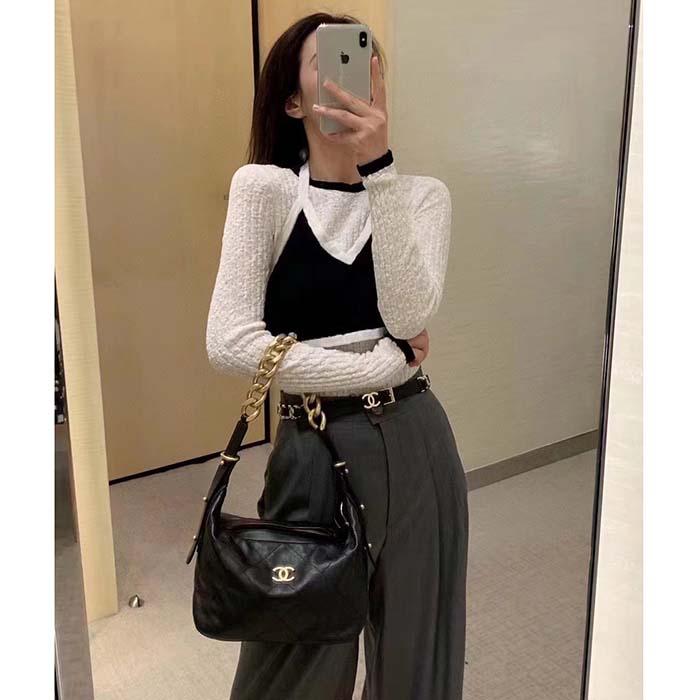 Chanel Women CC Chain Belt Calfskin Leather Silver-Tone Metal Strass Black