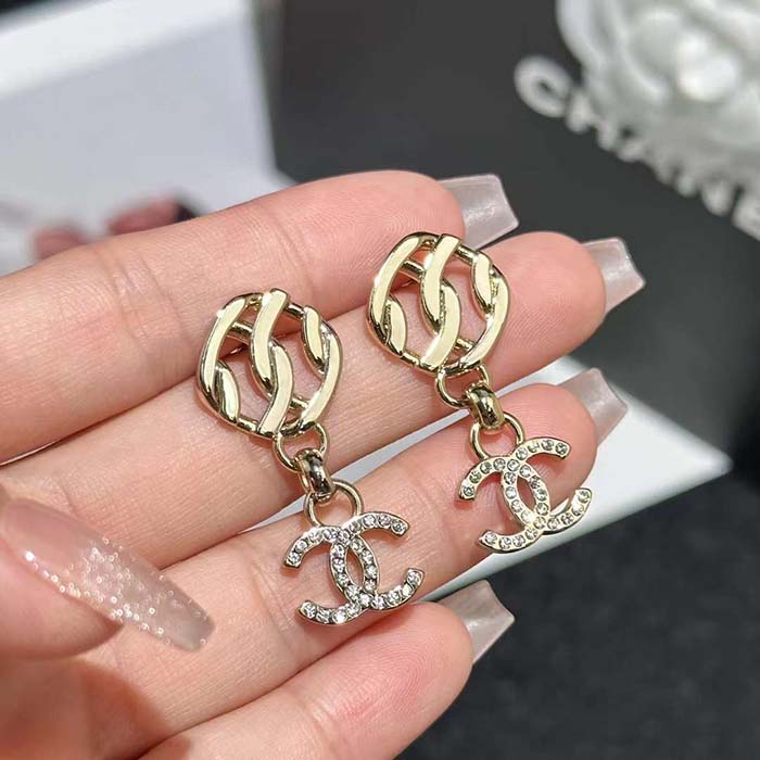 Chanel Women CC Pendant Earrings Metal Resin Strass Gold White Crystal