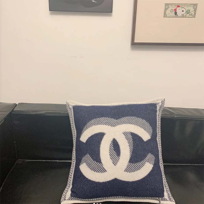 Chanel Unisex CC Cushion Cotton Wool Tweed Beige Navy Multifunction