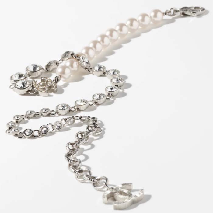 Chanel Women CC Necklace Metal Glass Pearls Strass Silver Pearly White Crystal