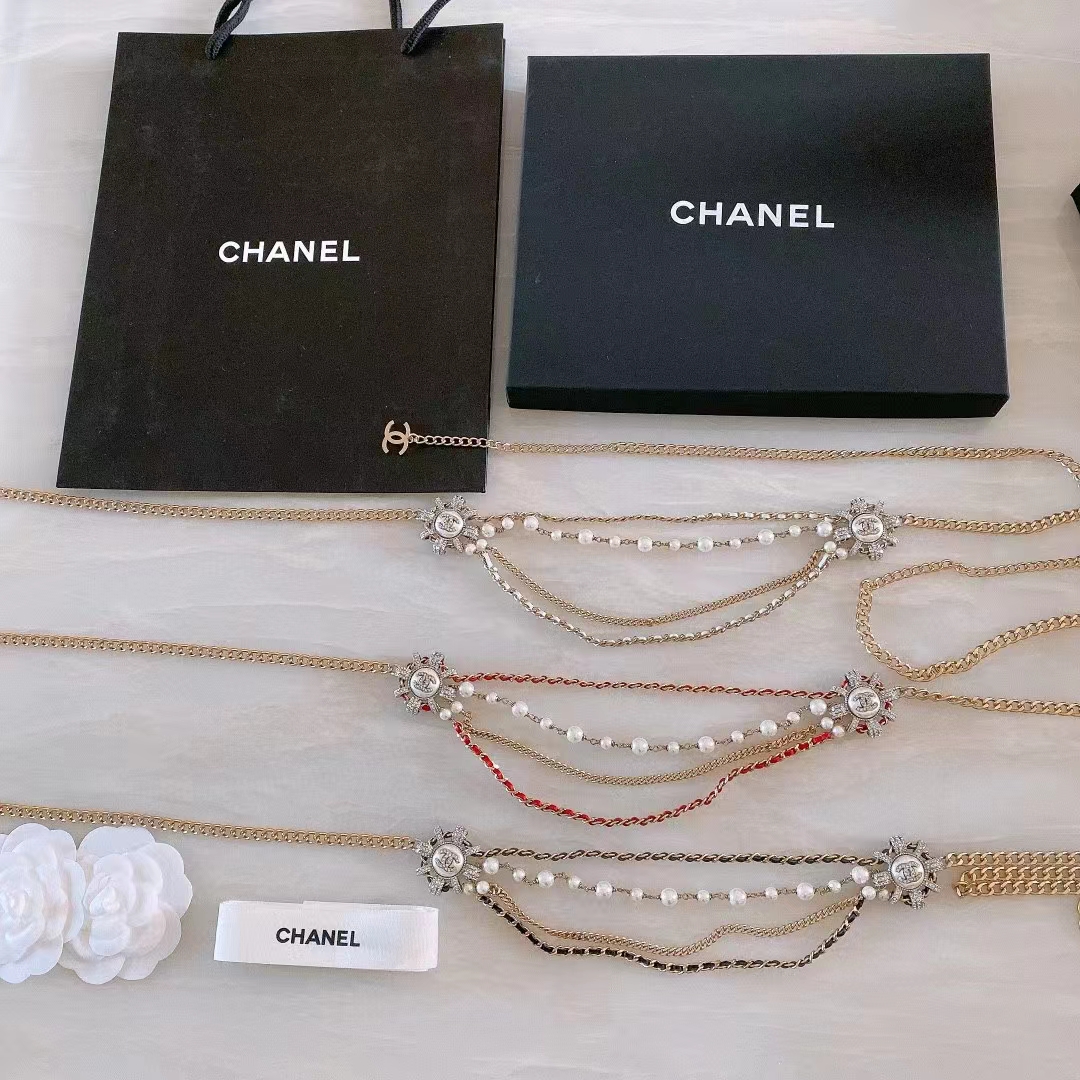 Chanel Women CC Chain Belt Calfskin Glass Pearls Black Pearly White Crystal Gold Silver-Tone Metal Strass