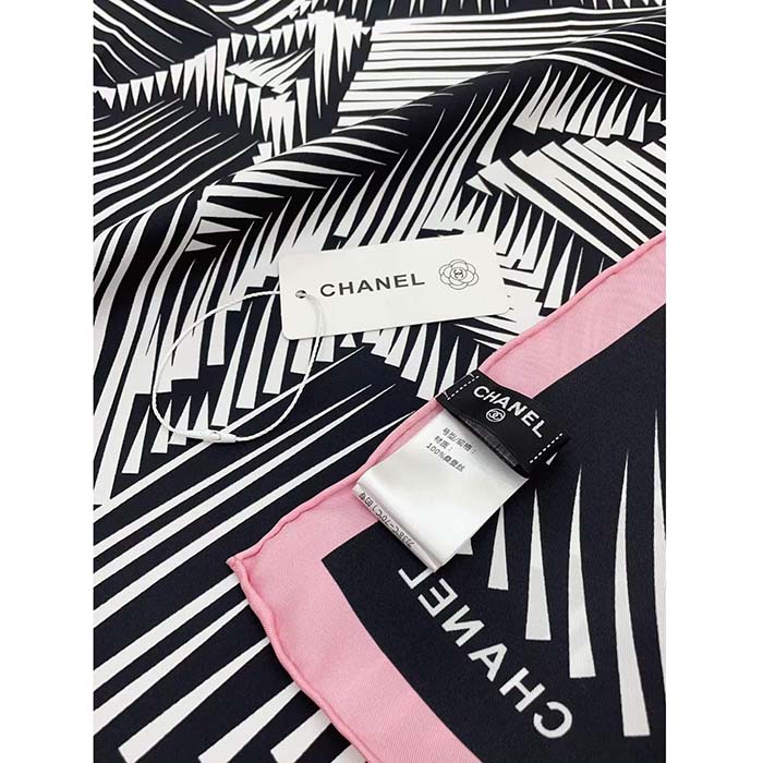 Chanel CC Women Square Scarf Silk Twill Black Light Pink