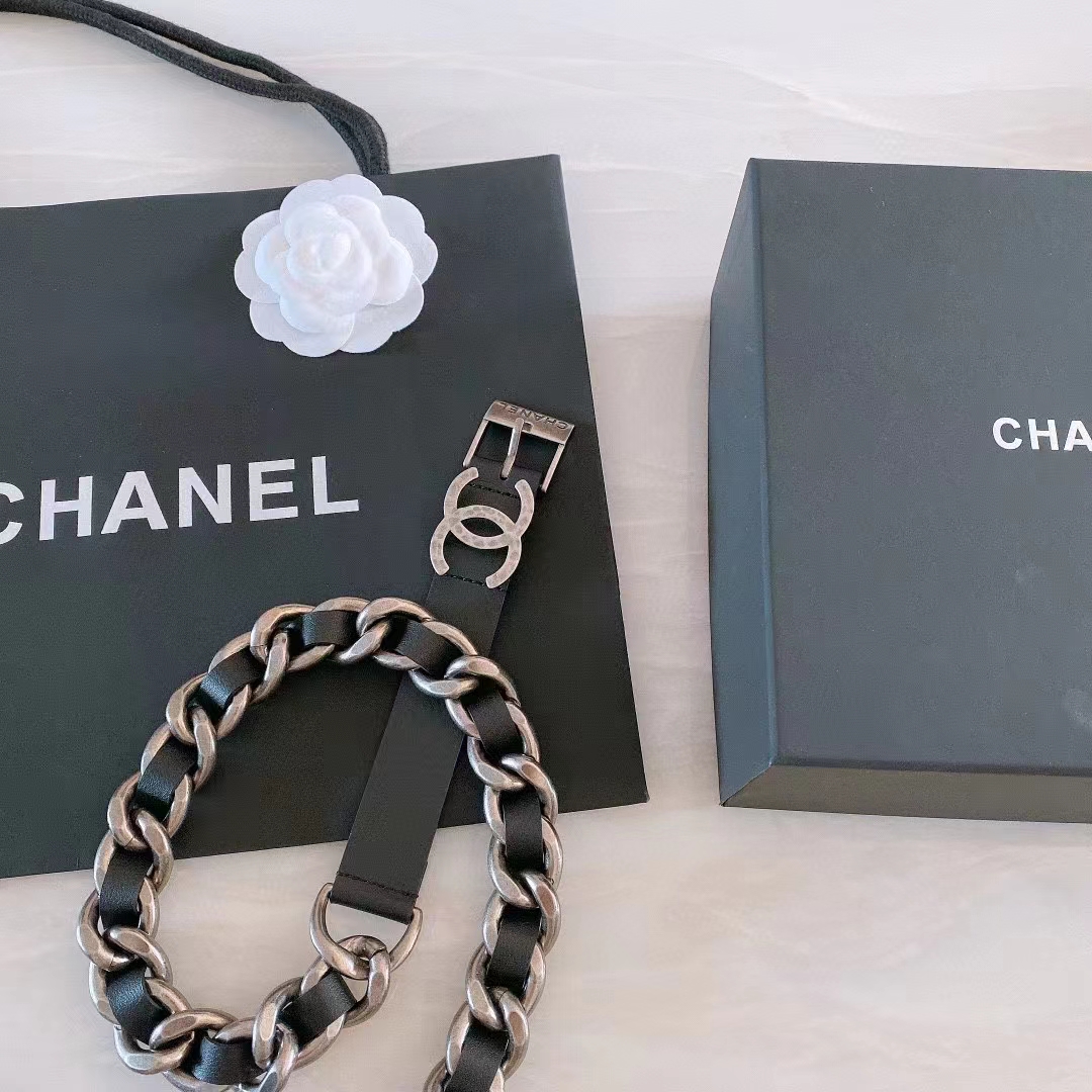Chanel Women CC Chain Belt Calfskin Leather Silver-Tone Metal Strass Black