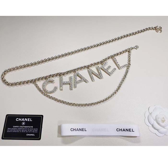 Chanel Women CC Belt Gold Tone Metal White Crystal Glass Diamond Chanel Logo