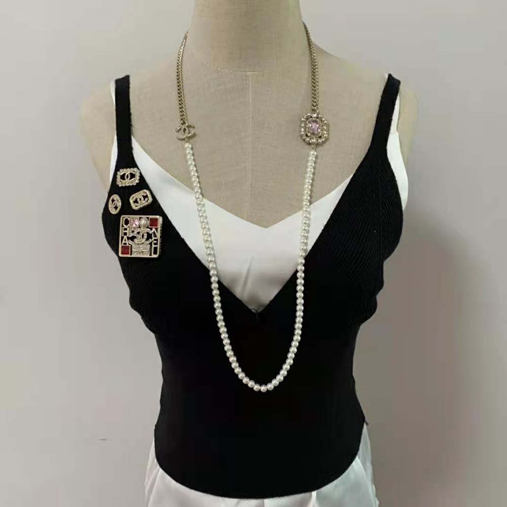 Chanel Women Long Necklace in Metal Resin Glass Pearls and Strass