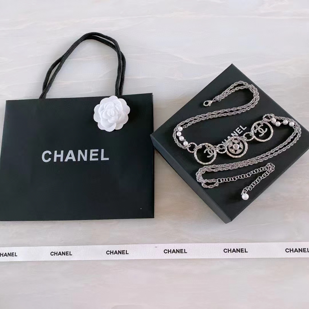 Chanel Women CC Chain Belt Metal Glass Pearls Imitation Pearls Strass Silver Pearly White Crystal
