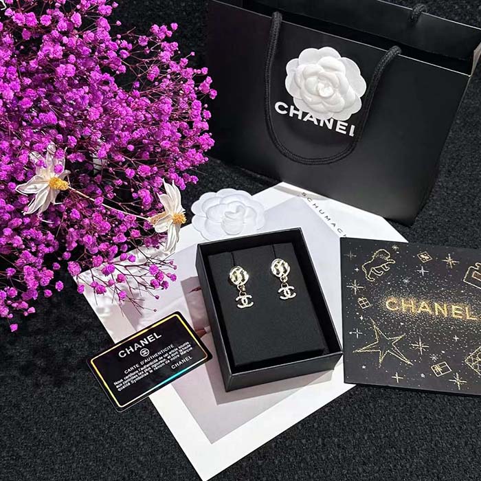 Chanel Women CC Pendant Earrings Metal Resin Strass Gold White Crystal