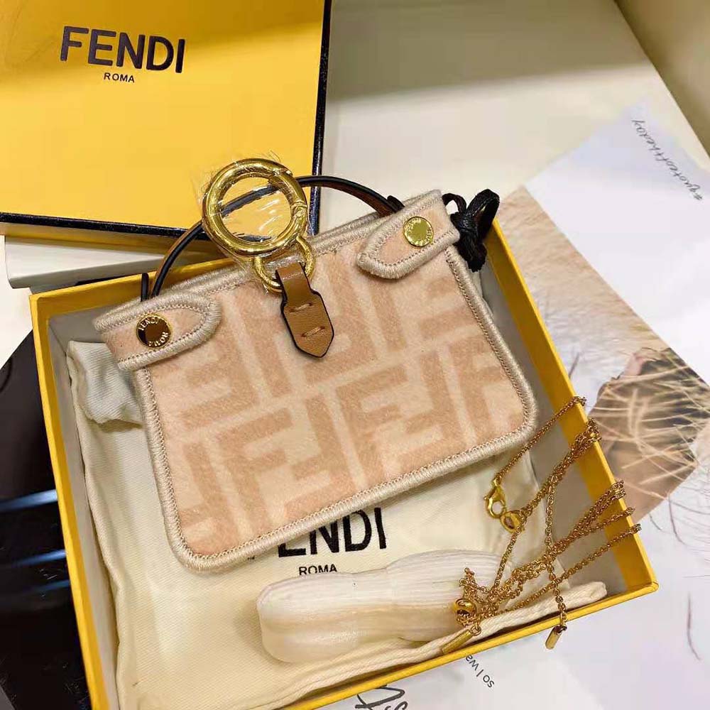 Fendi Women Nano Peekaboo Charm Beige Wool Charm-Pink