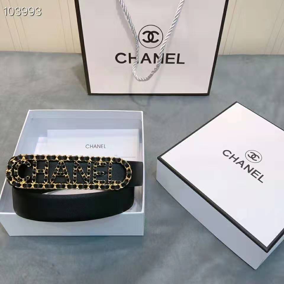 Chanel Women Calfskin Gold-Tone Metal & Lambskin Belt-Black