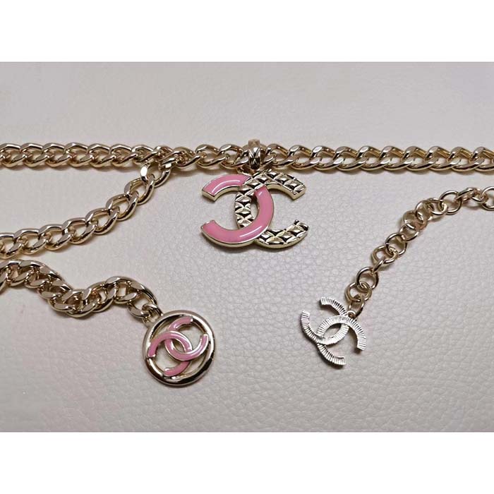 Chanel Women CC Belt Gold Tone Metal Pink Chanel Logo