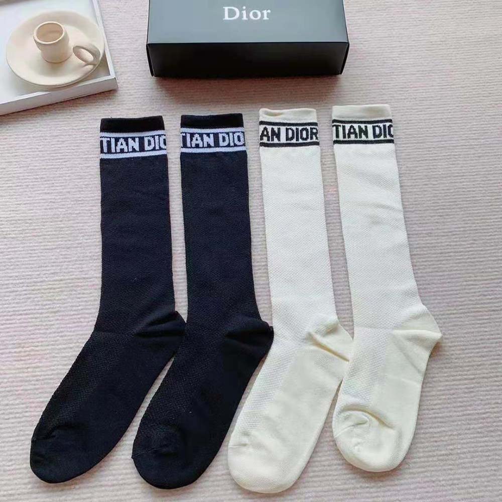 Dior Women Sporty High Socks White Black and Royal Blue Cotton