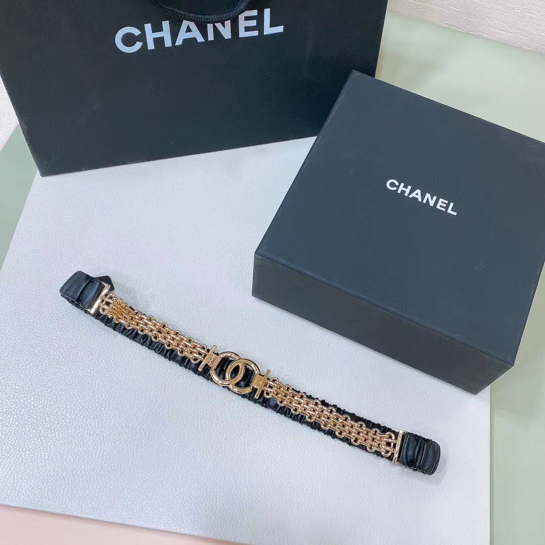 Chanel Women CC Chain Belt Lambskin Leather Gold-Tone Metal Strass Black