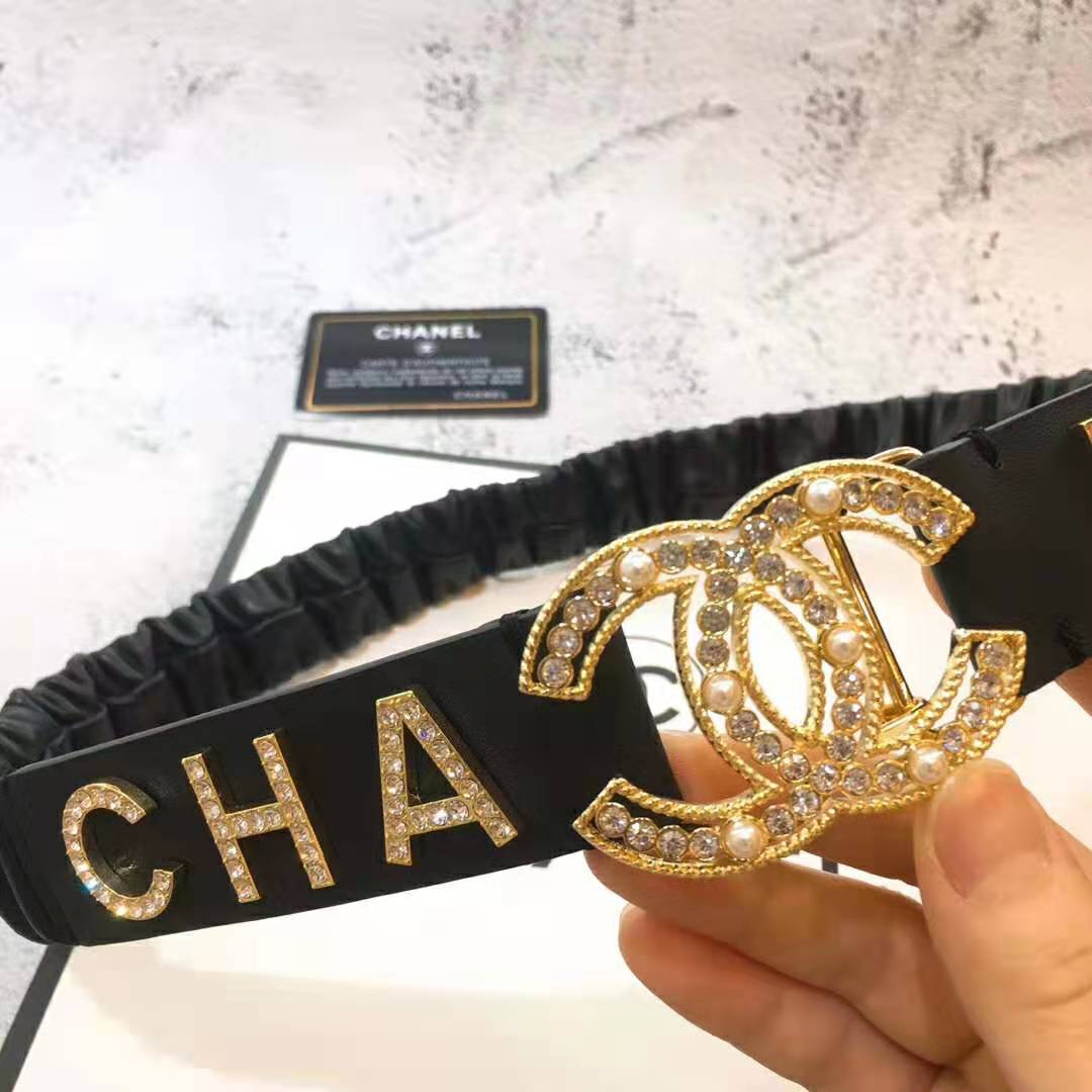 Chanel Women Goatskin & Gold-Tone Metal Belt-Black
