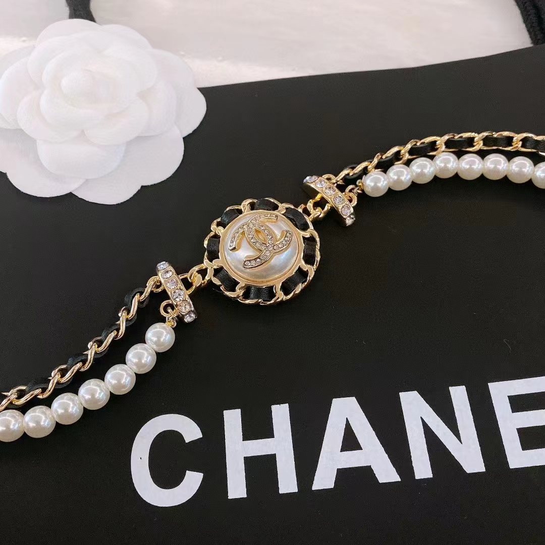 Chanel Women CC Chain Belt Calfskin Glass Pearls Black Pearly White Crystal Gold-Tone Metal Strass